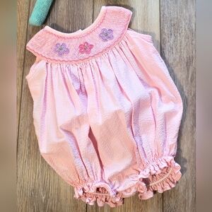 Pink Baby Seersucker Sleeveless Bubble Romper with Floral Embroidery Size 6M